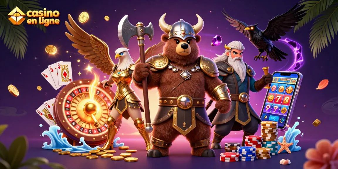 Viking et aigle dans un casino en ligne, jeux de cartes, jetons et pièces d'or.
