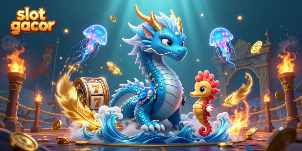 Permainan slot gacor dengan jackpot dan simbol kemenangan, dikelilingi elemen permainan kasino