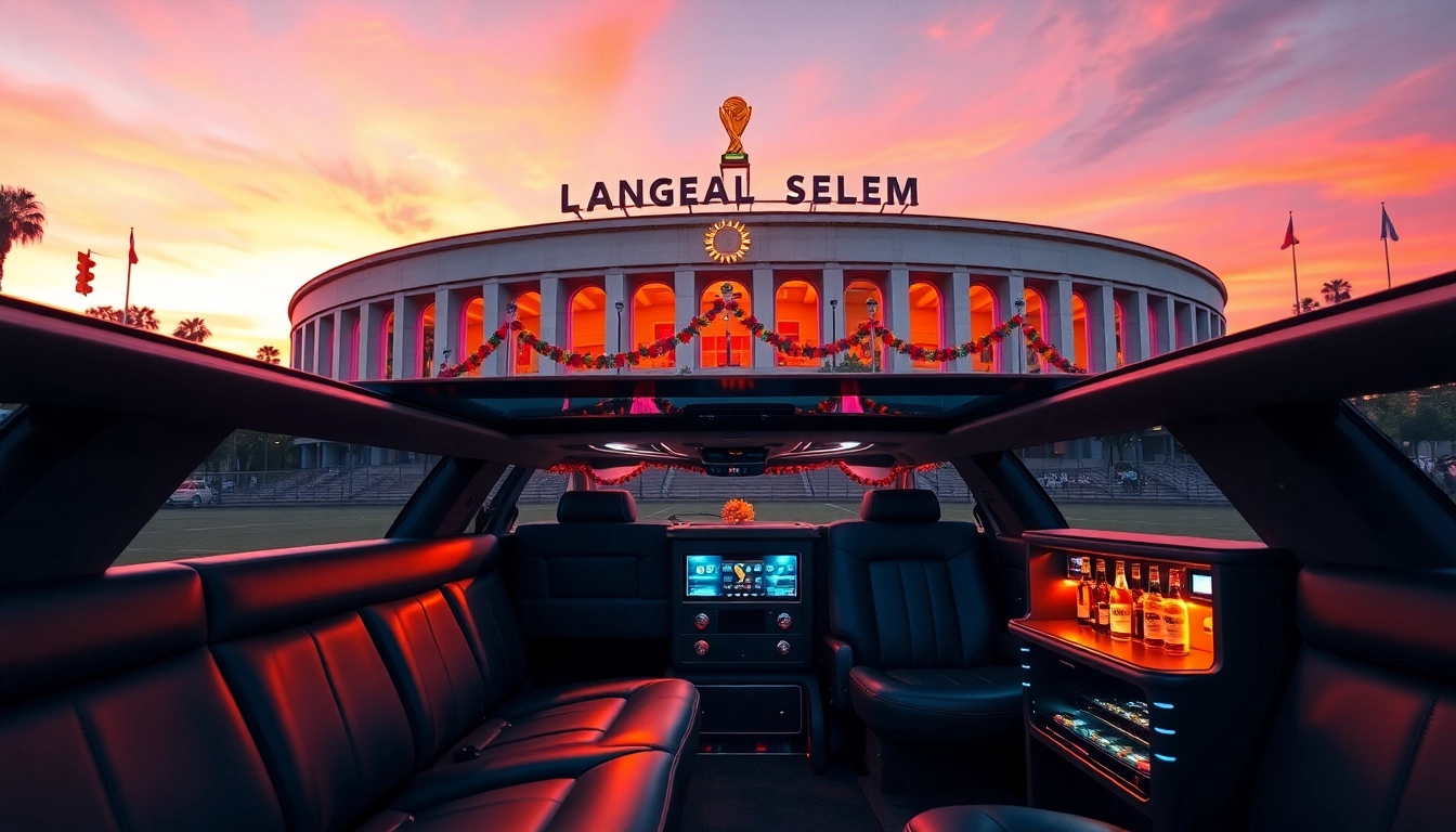 World Cup Group Transportation featuring a luxurious limousine in front of LA Memorial Coliseum with festive decorations.