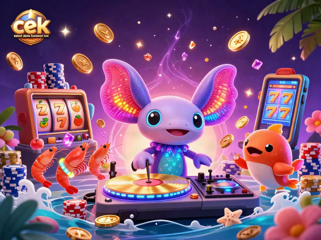 Cek detail pada halaman ini dengan ilustrasi 3D cerah yang menampilkan DJ axolotl, kerumunan krustasea menari, dan koin emas berkilauan di latar belakang kasino.