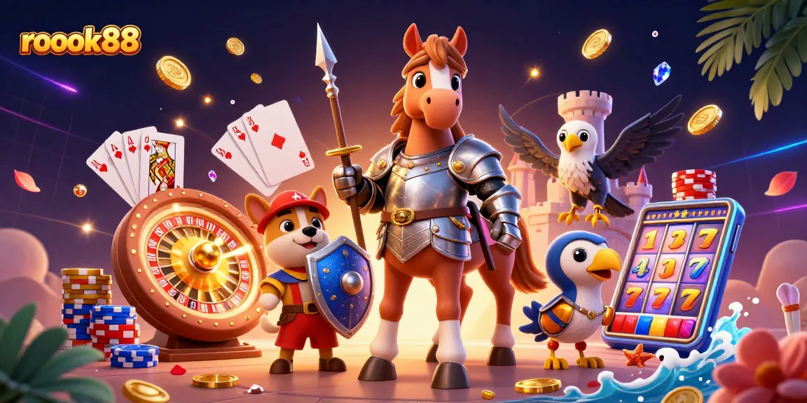 Experience the thrill with rokok88 as knights, coins, and cards come alive in a vibrant casino scene.