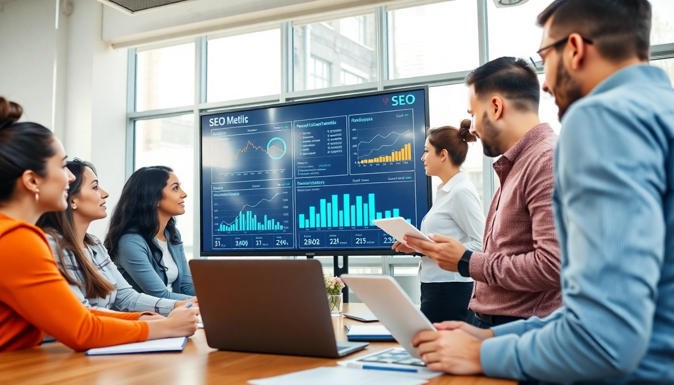 Analyze SEO performance through collaborative digital marketing strategies in a modern office.