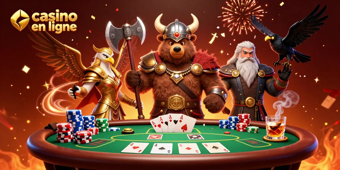 Plongez dans l'univers épique du casino en ligne avec un ours viking, une aigle valkyrie et des éléments de poker.