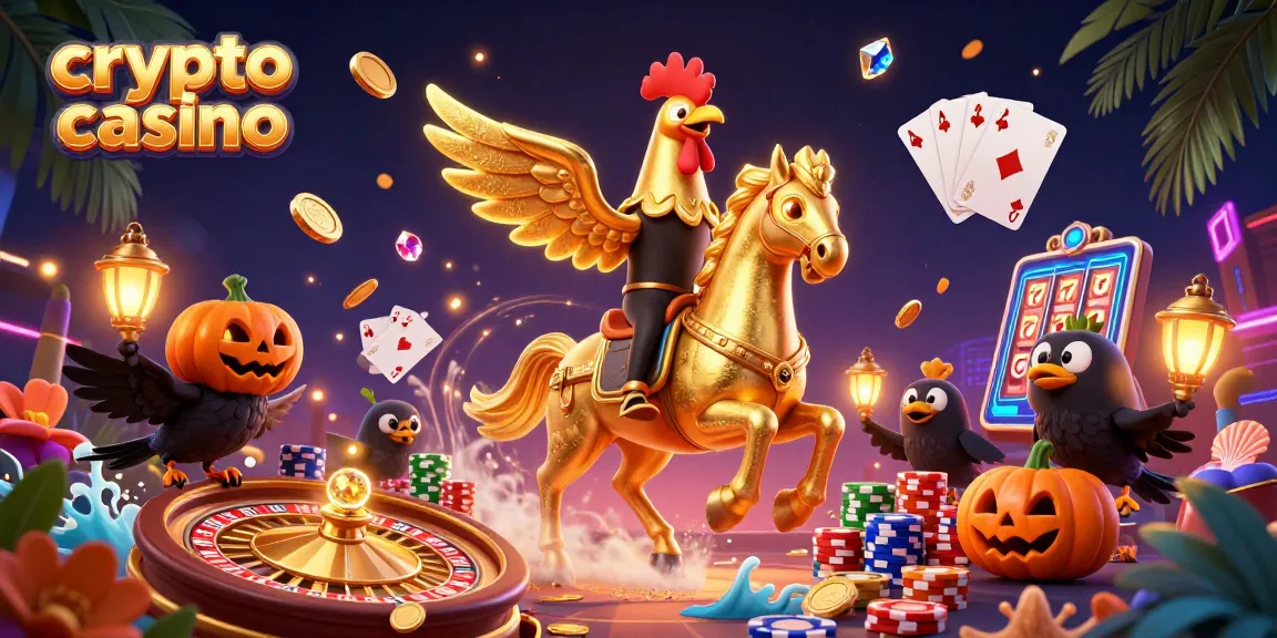 Giocando nel crypto casino, un gallo d'oro cavalca un cavallo spettrale tra monete d'oro e giochi.