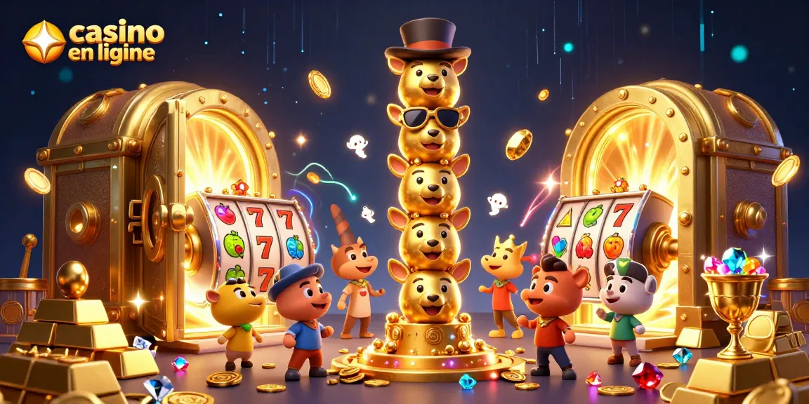 Illustration dynamique de casino en ligne avec totem et trésors en or scintillants.