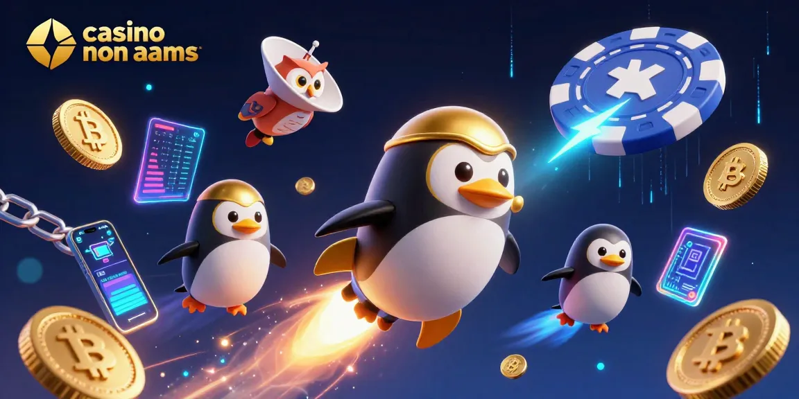 Un casino non aams offre innovazione e bonus, rappresentato da un pinguino d'oro tra criptovalute spaziali.