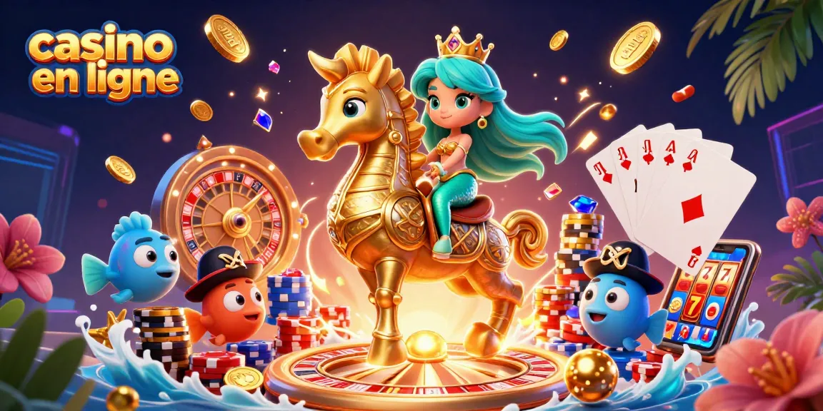 Jouez au casino en ligne avec la princesse sirène et son hippocampe, entourés de richesses.