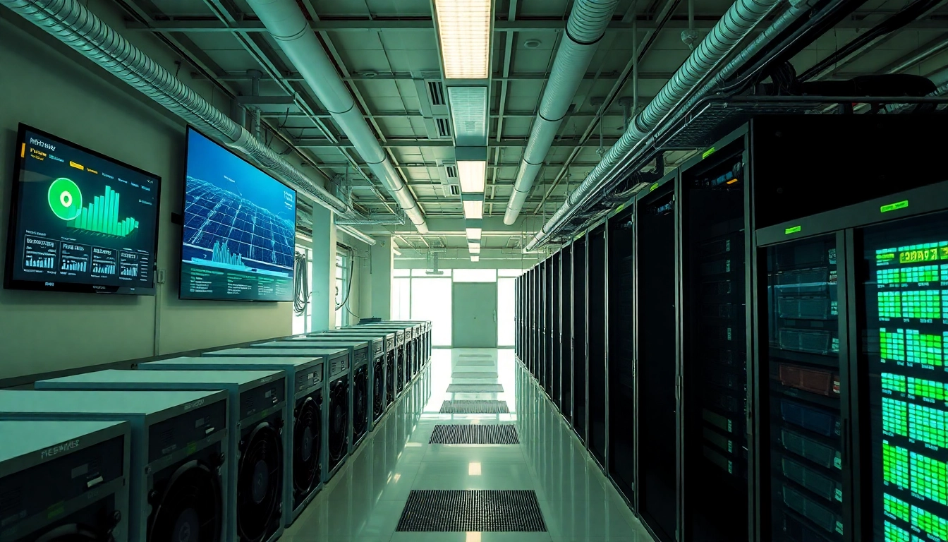 Visual representation of a sustainable bitcoin cloud mining facility integrating renewable energy sources.