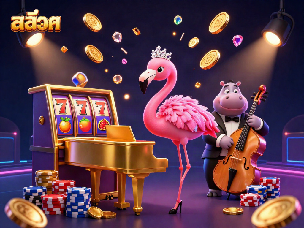 Engage in exciting สล็อต action with a vibrant 3D illustration of a casino scene featuring dynamic characters and sparkling winning elements.