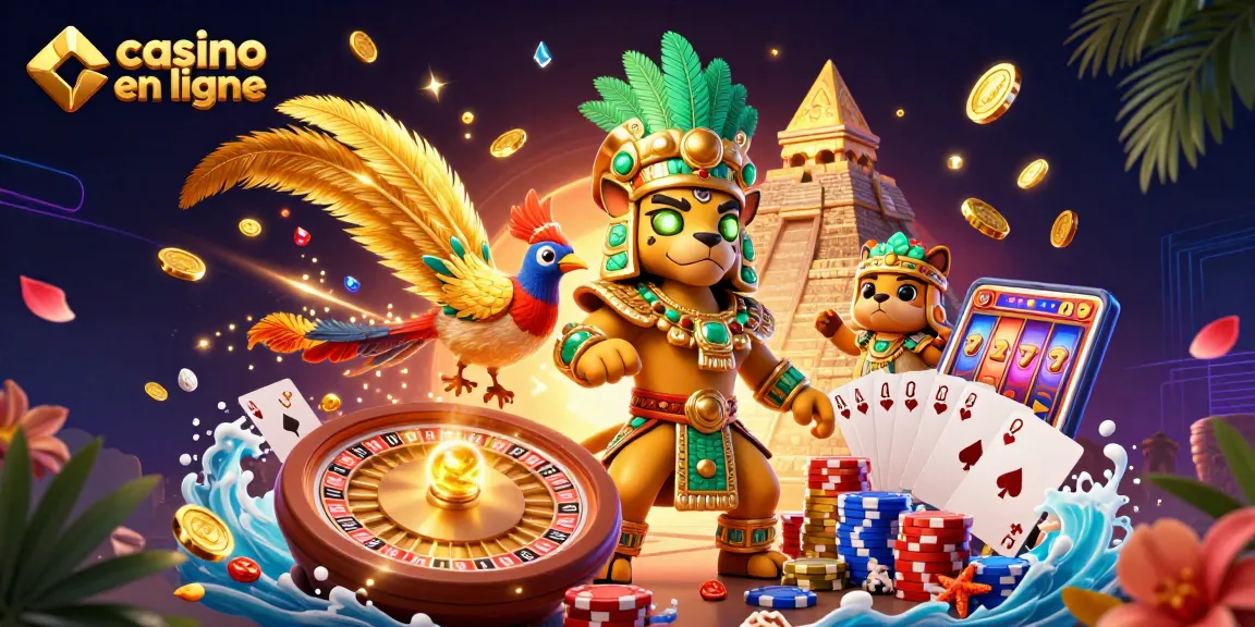 Jouez au casino en ligne avec des pièces d'or, une roulette et une main gagnante de cartes.