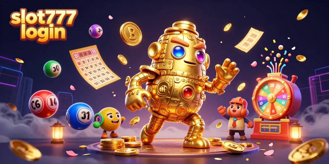 Slot777 login menyajikan gambar karakter golem emas kuno di dunia judi slot yang penuh warna.