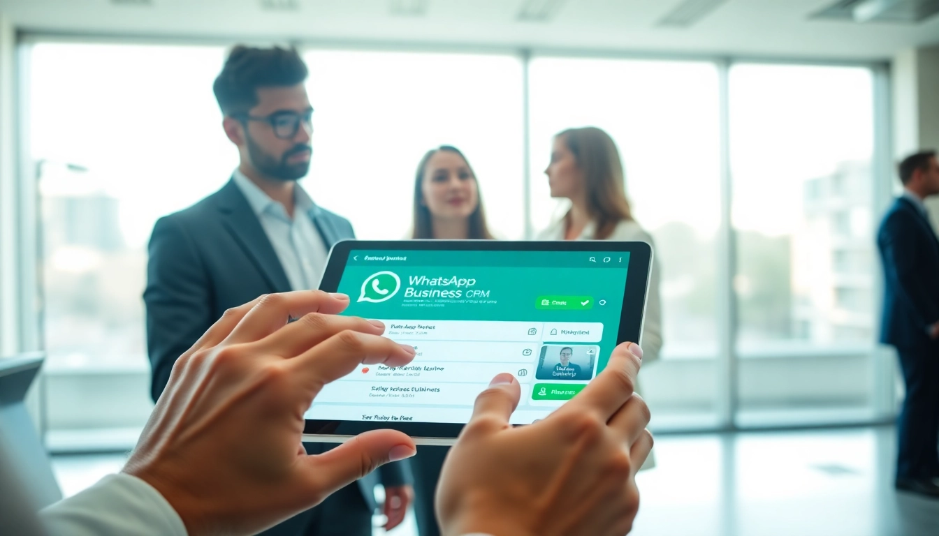 Engaging team using WhatsApp Business CRM on a digital tablet in a modern office.