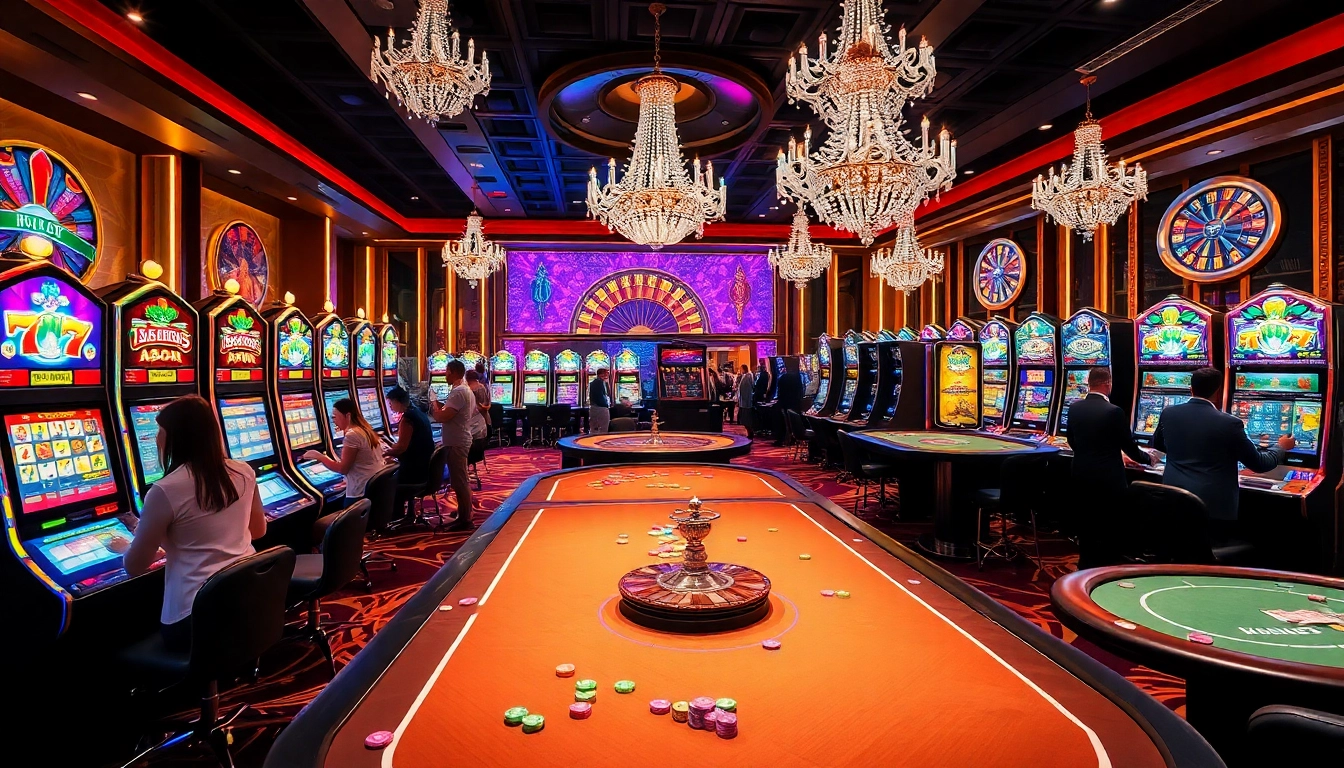 Players enjoying thrilling slot777 machines at a vibrant casino filled with excitement.
