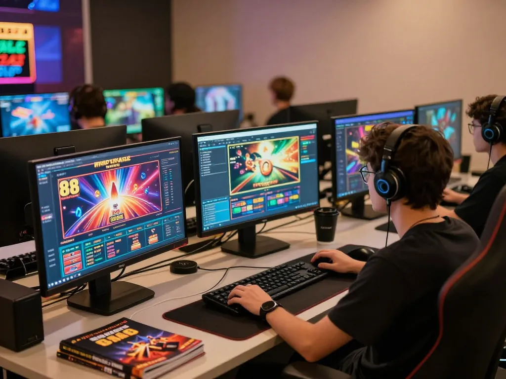 Engaging in online gaming at w 88, showcasing vibrant graphics on multiple screens during gameplay