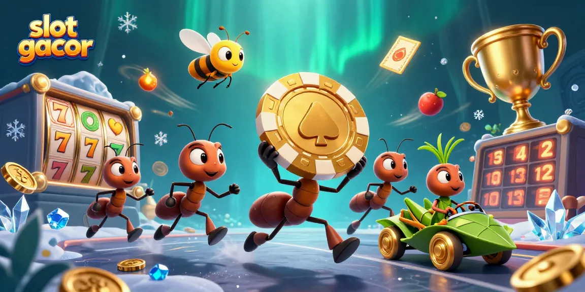 Engage in the thrilling world of slot gacor with cartoon ants on a heist carrying large poker chips.
