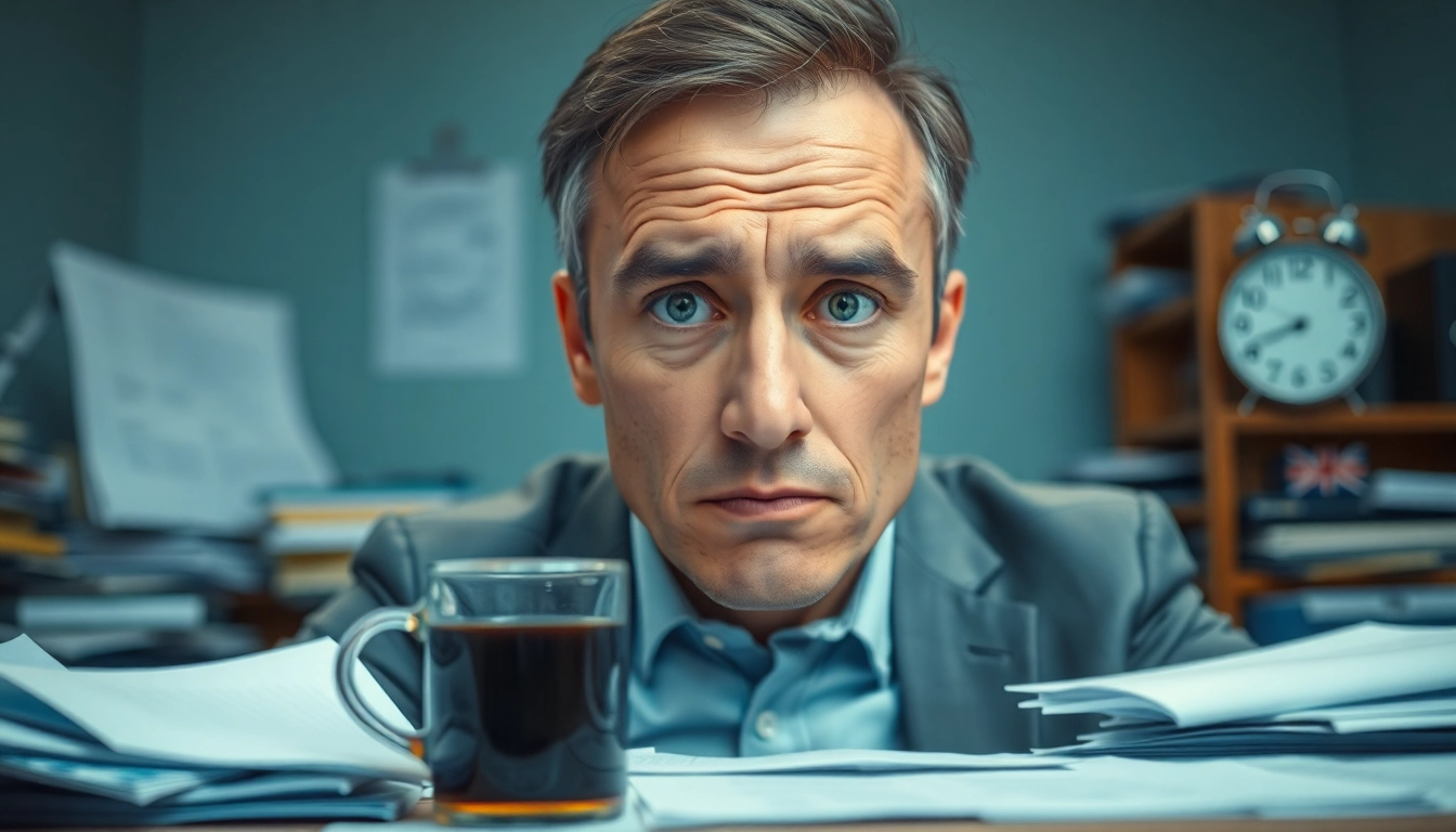 Illustration of a person facing brain fog, detailing expression and office chaos for better understanding.