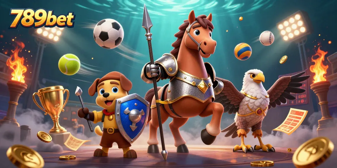 Engage with exciting gaming adventures at 789bet featuring a knight and puppy amidst sports themes.