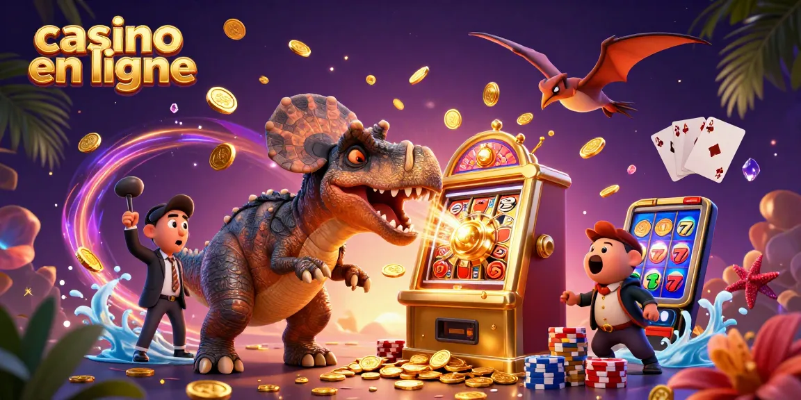 Scénario vibrant d'un casino en ligne avec des personnages de dinosaures et des machines à sous époustouflants.