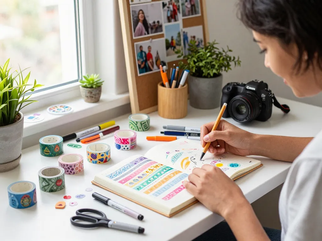 Craft workspace with a person applying custom washi tape to a colorful journal, highlighting creativity and artistry.