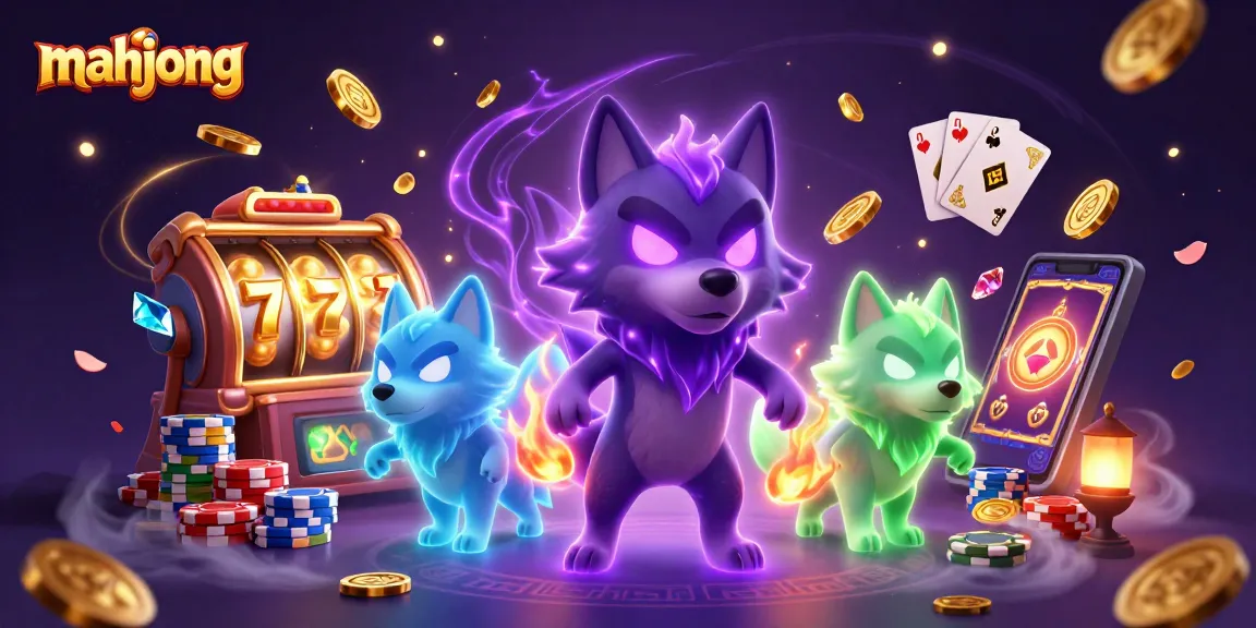 Experience mahjong action with enchanting wolves and dynamic casino elements in this vibrant illustration.