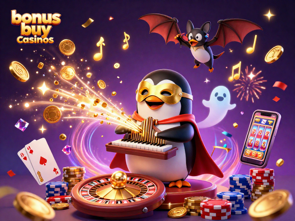 Cascading golden coins and characters in action at bonus buy casinos, showcasing fun slot games.
