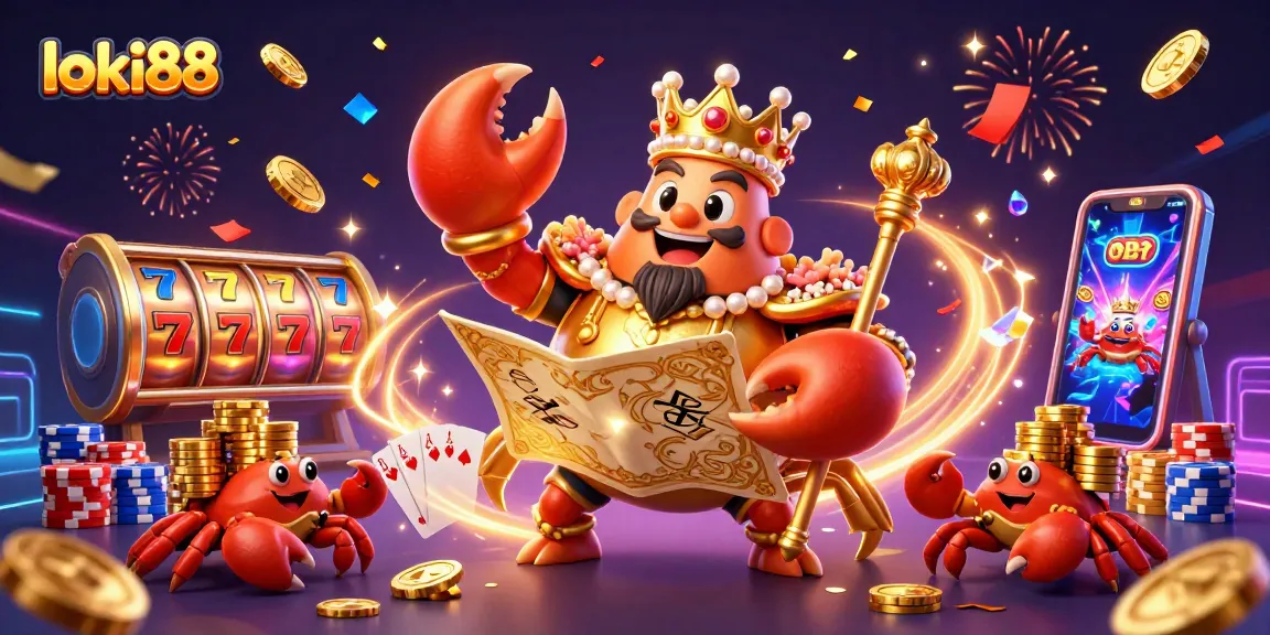 Experience the excitement of loki88 with this vibrant casino-themed illustration featuring animated slot reels and treasures.
