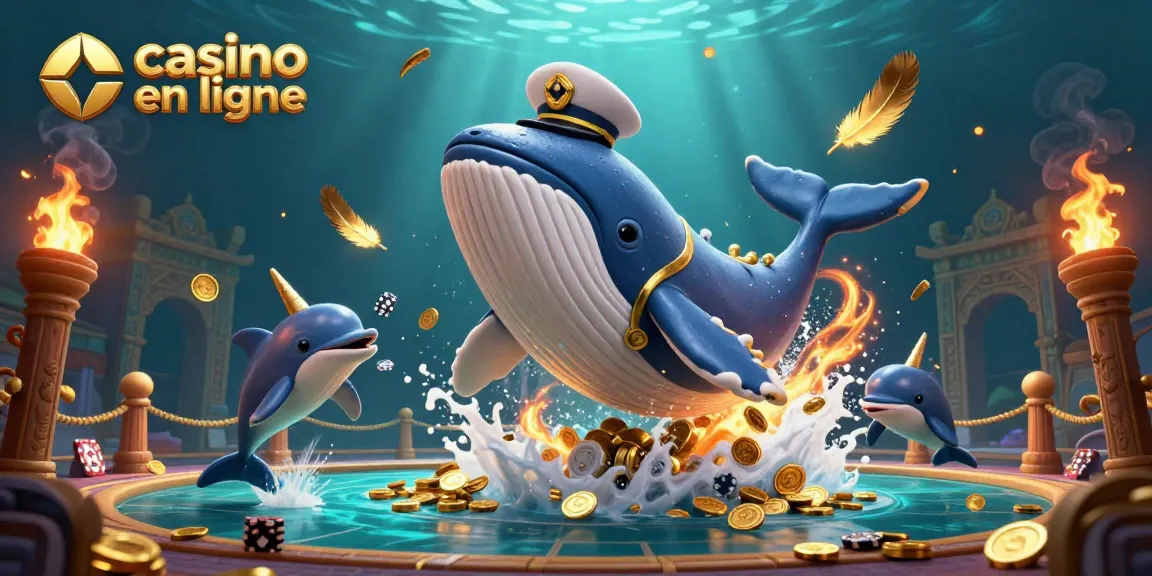 Image captivante de l'univers des casinos en ligne avec un énorme baleine et des dauphins jonglant avec des jetons de poker.