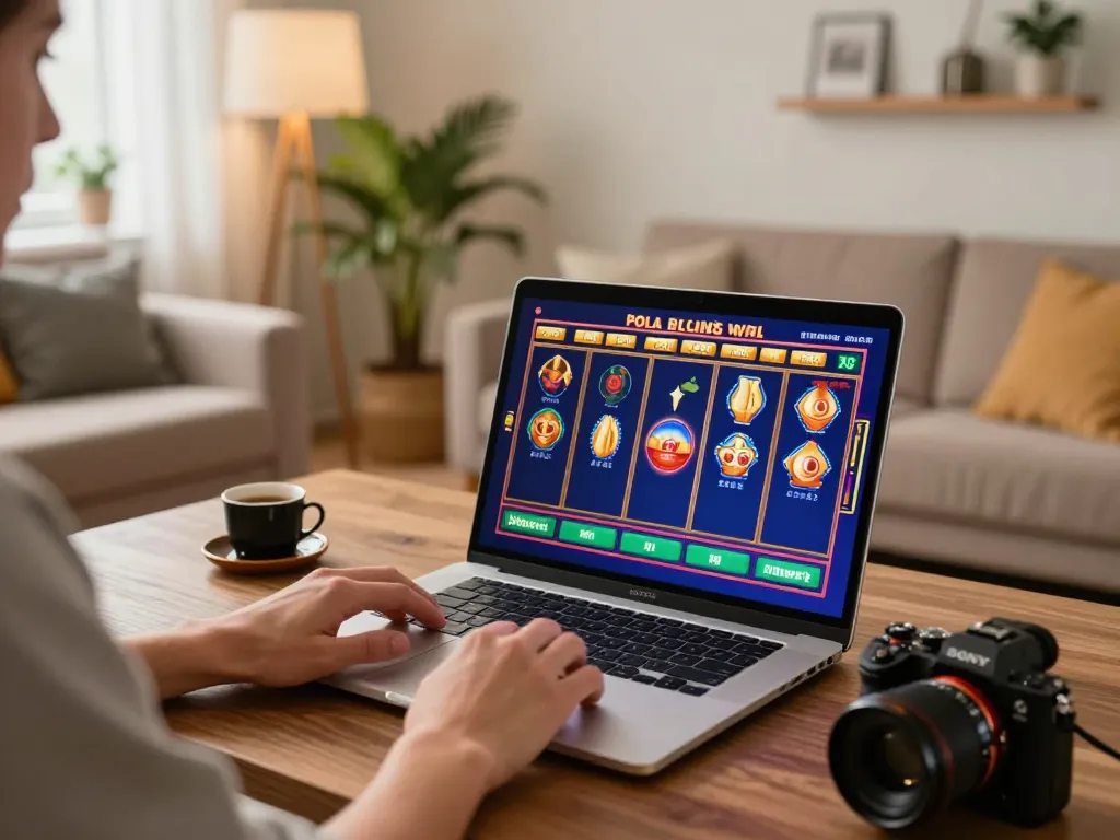 Engaging in casino online americani from home, warm lighting enhances gaming experience on laptop.