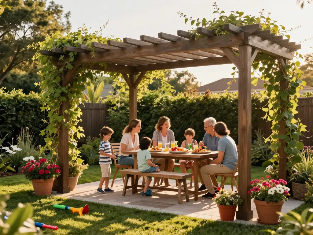 Online pergola configurator visualizing a family enjoying their custom-built pergola in a beautiful garden setting.