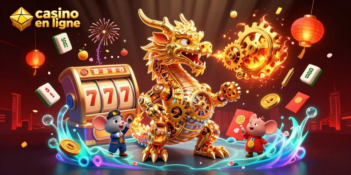 Jouer à un casino en ligne avec un dragon mécanique entouré de rouleaux de machines à sous.