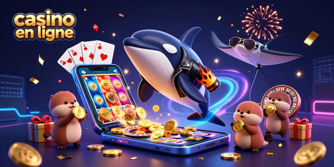 Illustration vibrante sur le thème des jeux avec un orque et des otaries, mettant en avant le casino en ligne.