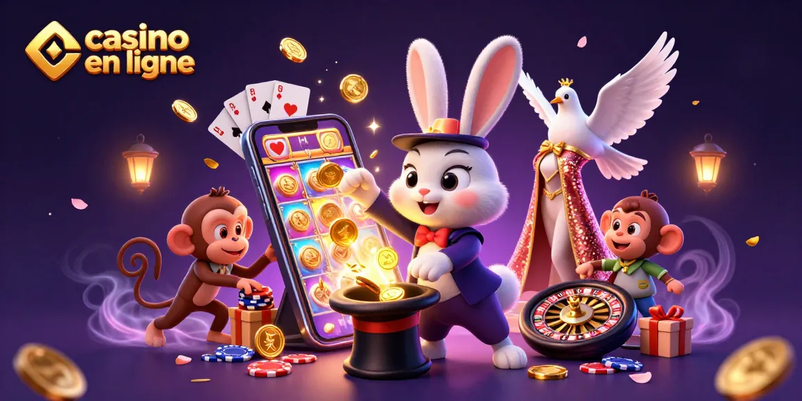Un magicien en ligne joue aux casinos en ligne, tirant des pièces d'or d'un chapeau, avec une illustration animée.