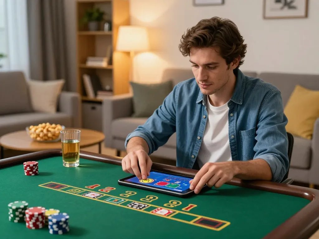 Player enjoying a game of blackjack on tablet at home in the spin panda casino.