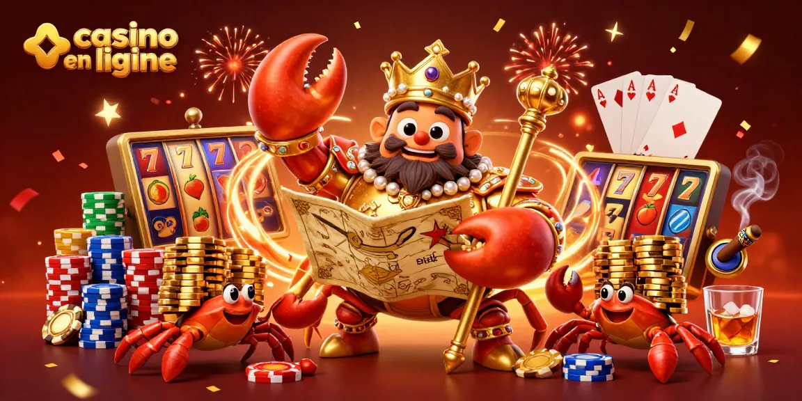 Profitez des jeux euphoriques au casino en ligne avec un crabe doré impérial entouré de jetons et de rouleaux.