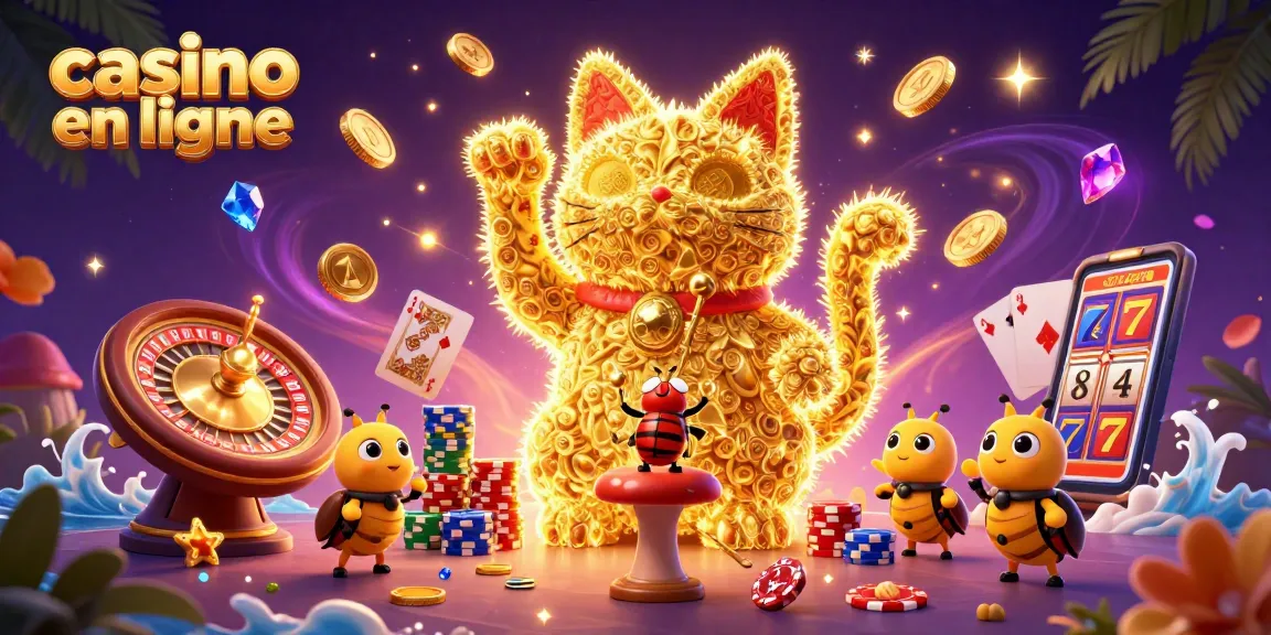 Jouez au casino en ligne avec un chat porte-bonheur animé dans une scène vibrante.