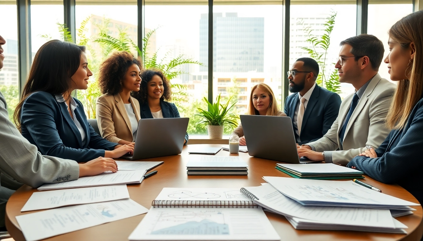 Engaging professionals in an environmental law firm discussing sustainable practices for clients.