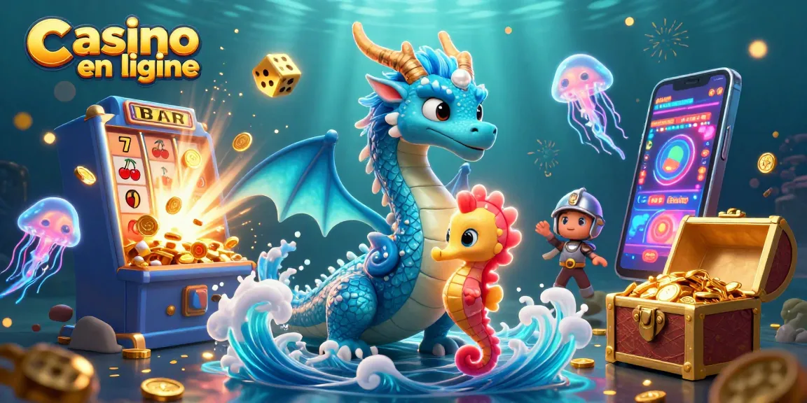 Plongez dans l'univers du casino en ligne avec un dragon aquatique magistral et des éléments de jeu éblouissants.