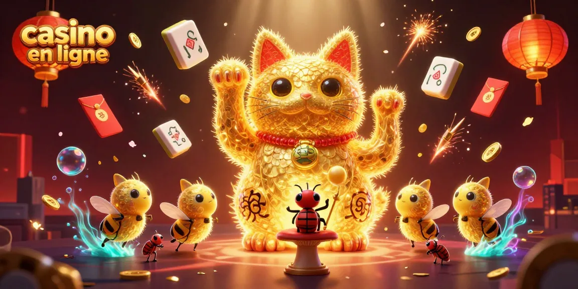 Admirez l'illustration 3D dynamique du casino en ligne avec un chat chanceux et des symboles.