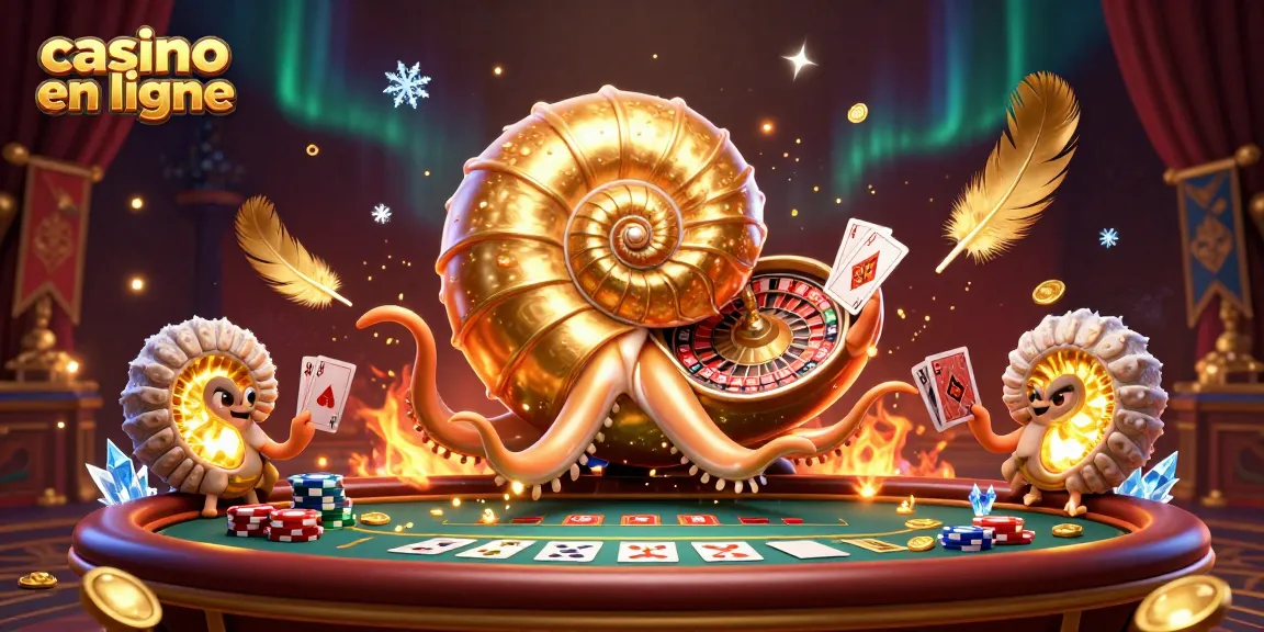 Jouer à casino en ligne avec un nautilus géant animé et des éléments de poker dans une ambiance luxueuse.