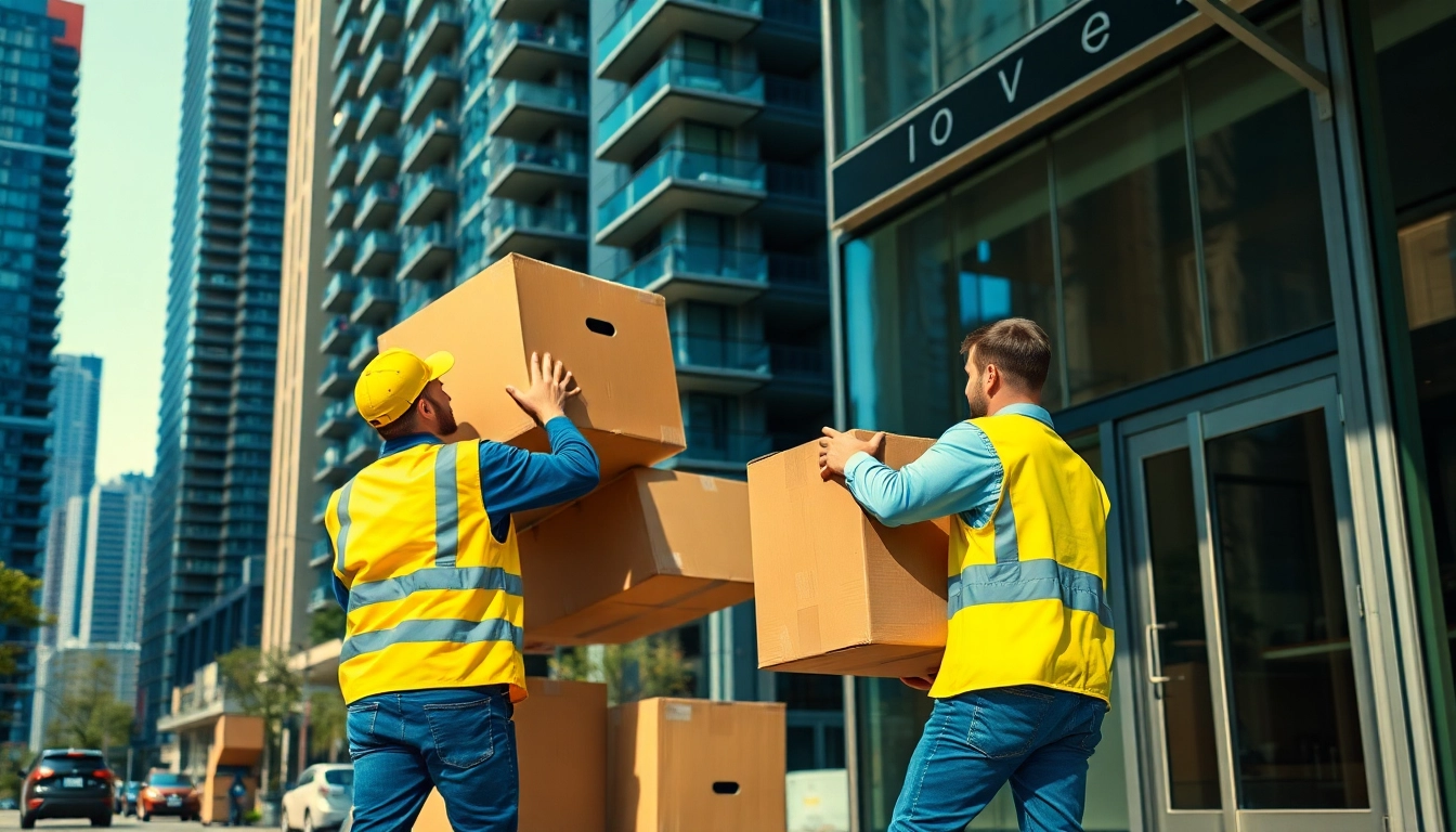 Dedicated Toronto movers efficiently transporting boxes in a bustling urban environment.