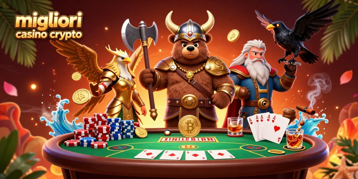 Scopri i migliori casino crypto con un'immagine vibrante di un orso vichingo e un'aquila, circondati da giochi e monete digitali.