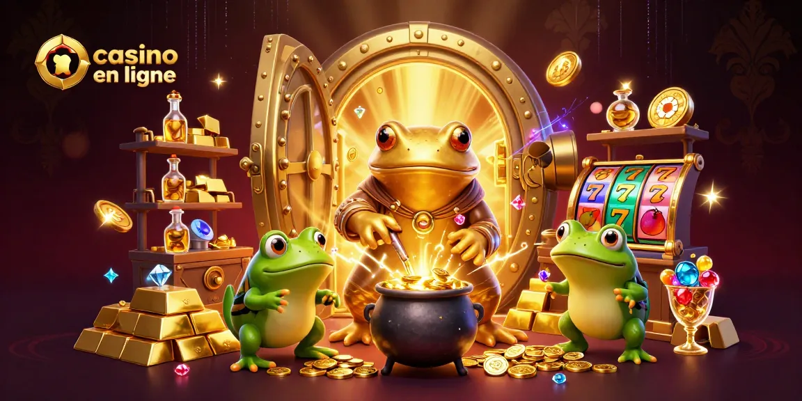 Illustrez l'univers des casinos en ligne avec des personnages en 3D, des pièces d'or et des symboles de machines à sous.