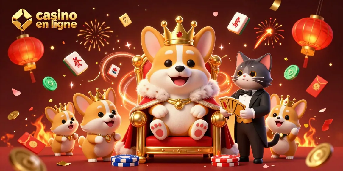 Image illustrant un corgi royal sur un trône de jetons, promouvant le casino en ligne avec éclat et festivités.