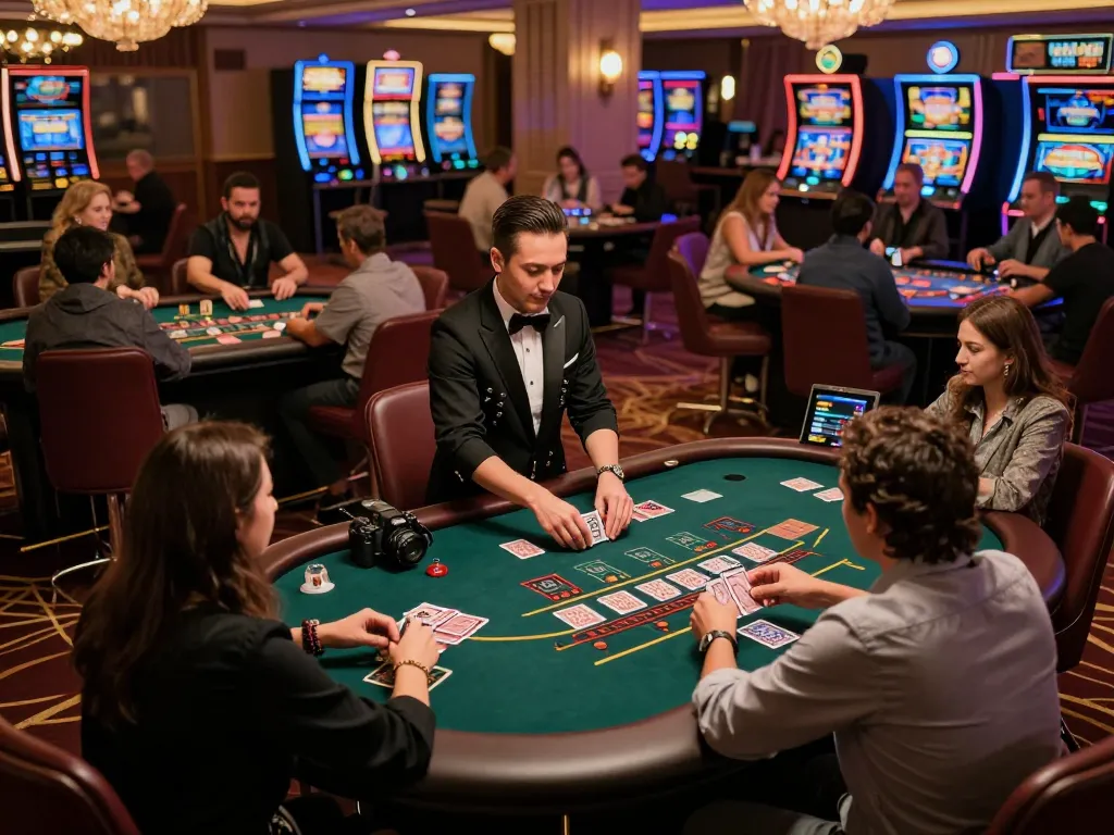 Players enjoying top quality widgets at blackjack tables in an upscale casino, showcasing excitement.