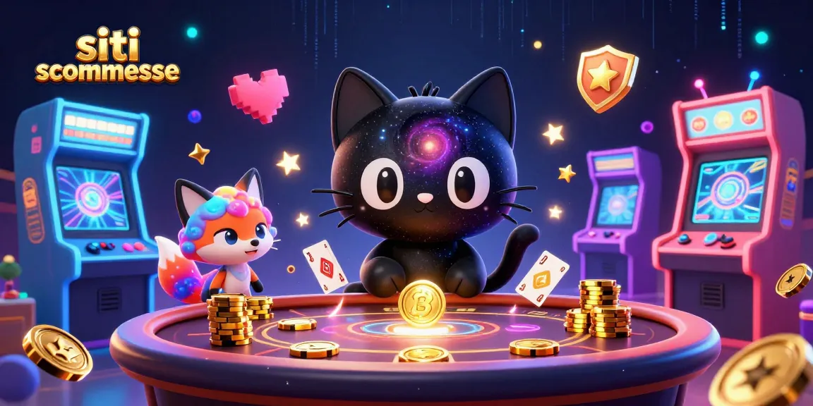 Scopri i siti scommesse con la divertente illustrazione di un catastrofico gatto nero concentrato sul casinò, circondato da elementi di gioco