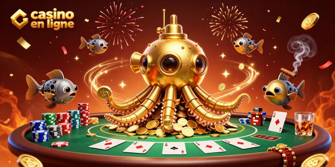 Plongez dans l'univers du casino en ligne avec un kraken doré et des éléments de poker fascinants.