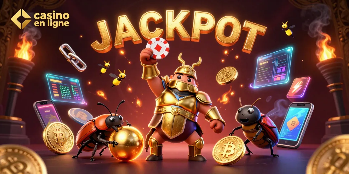 Découvrez des jeux de casino en ligne captivants avec l'illustration du scarabée gladiateur célébrant un jackpot.