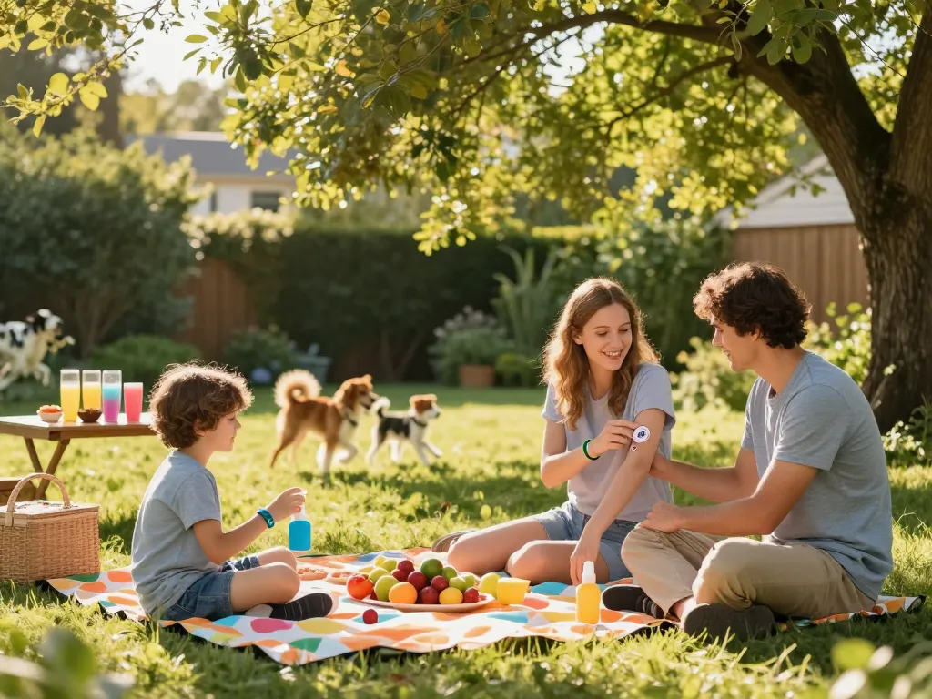 Family enjoying an outdoor picnic while using mosquito repellent for protection in a sunny backyard.