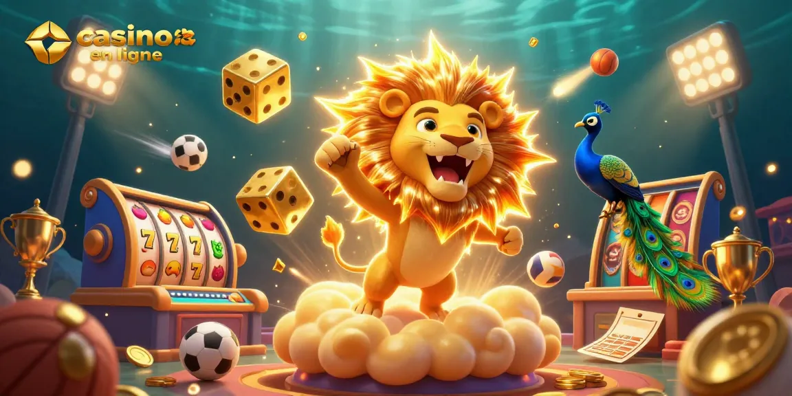Jouez au casino en ligne avec des images captivantes comme cette illustration dynamique des jeux, illustrant le lion solaire et les éléments de casino.