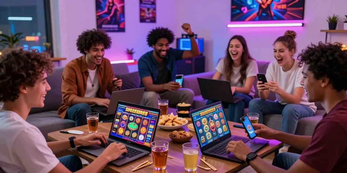 Friends enjoying Spaceman88 slot games on multiple devices in a lively gaming atmosphere.